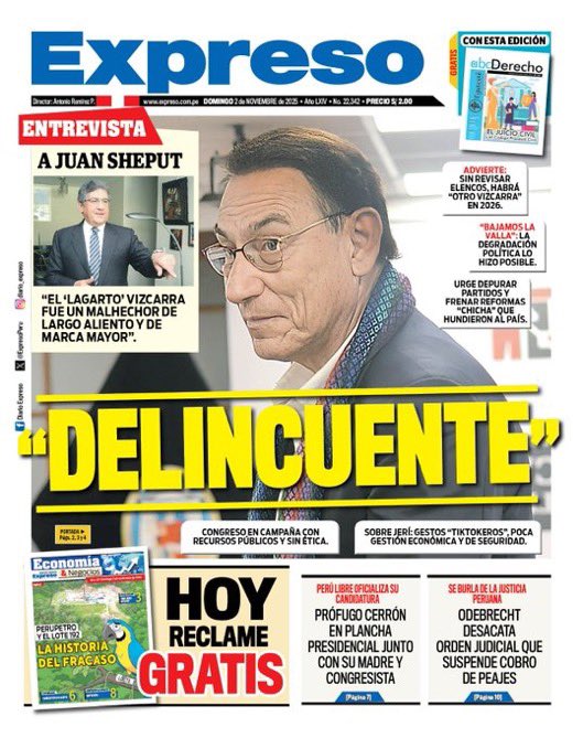 Ningún titular puede definir mejor a Martín Vizcarra, quien a pesar de estar doblemente inhabilitado y separado de su "partido" por el <a href="/JNE_Peru/">JNE Perú</a>, sigue estafando políticamente a la población votante. Y ¿la justicia para cuando? ¿O es que MV está confiado en ser absuelto?