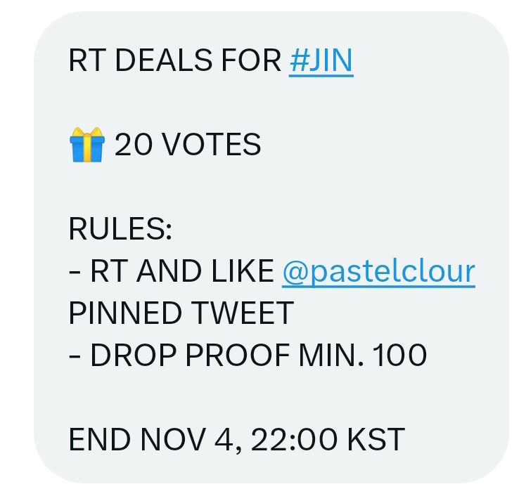mnibobakoo's tweet photo. RT DEALS FOR #JIN FOR VISA FANS CHOICE 
 
🎁 20 VOTES

RULES:
- RT AND LIKE @pastelclour PINNED TWEET
- DROP PROOF MIN. 100

END NOV 4, 22:00 KST https://t.co/QmJlrgjTbT