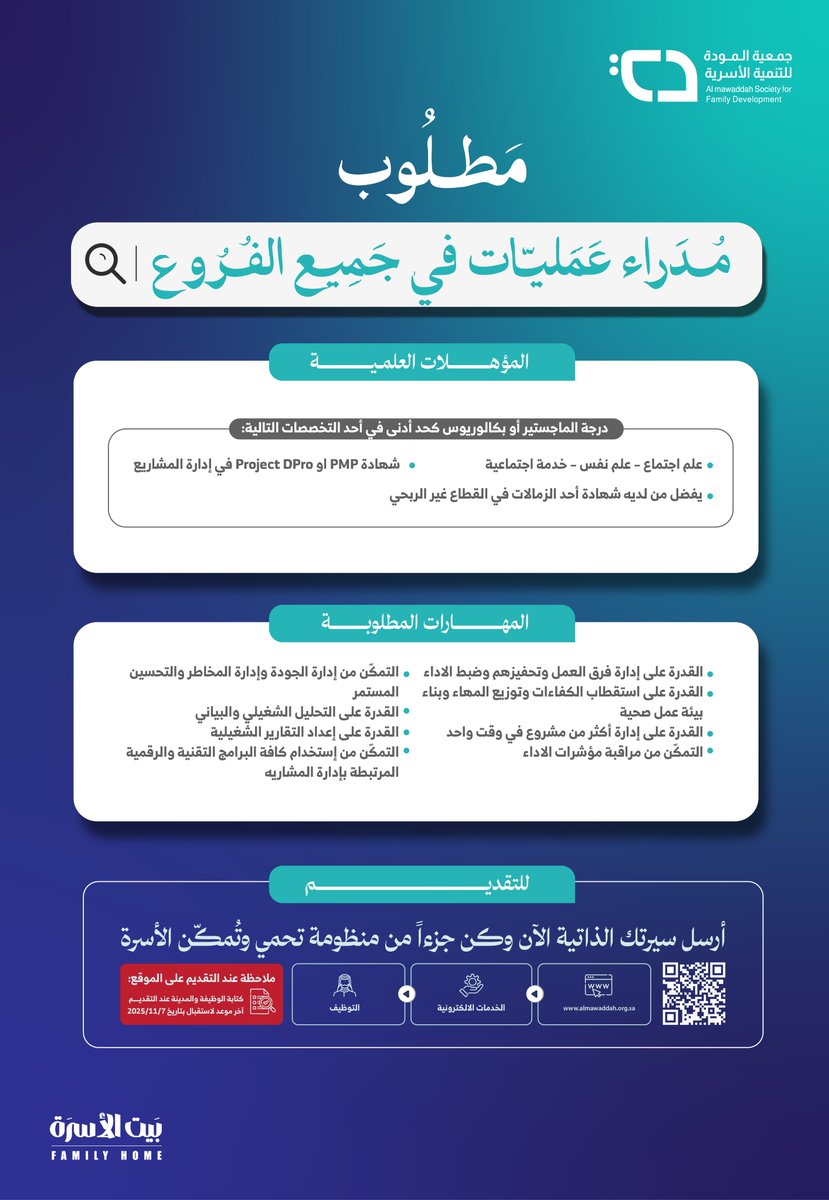 almawaddah_j's tweet photo. تُعلن #جمعية_المودة عن فرص وظيفية شاغرة بمسمى مدراء عمليات في جميع الفروع وفق المؤهلات والكفاءات المحدد  

للتقديم:
https://t.co/0LMAgqcB4p

#وظائف #وظيفة #وظائف_شاغرة