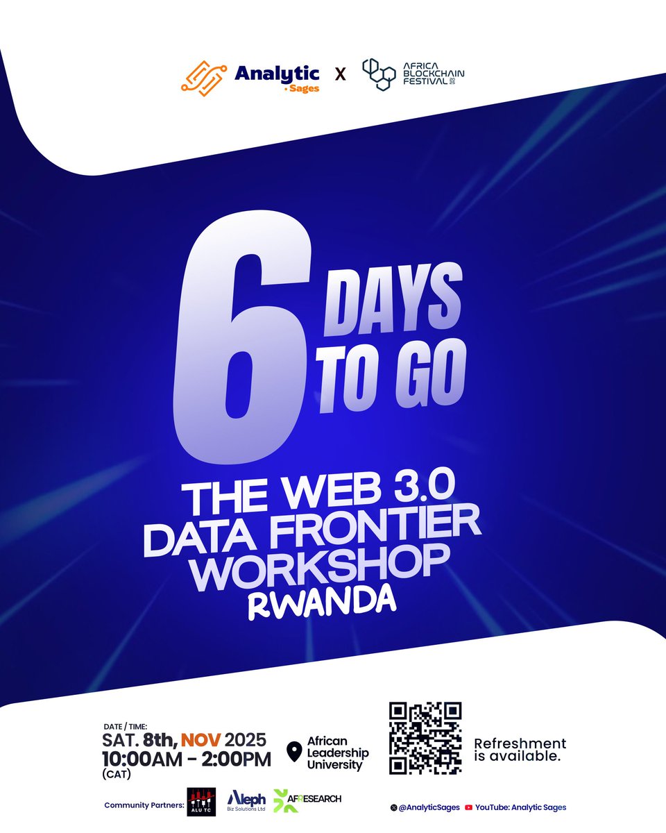 AnalyticSages's tweet photo. 6 days until we connect the pieces! 🧩

From raw data to actionable intelligence, learn how it's done at the #DataFrontier workshop.

#BlockchainData #Analytics #Kigali https://t.co/tEYQ5LwAtX