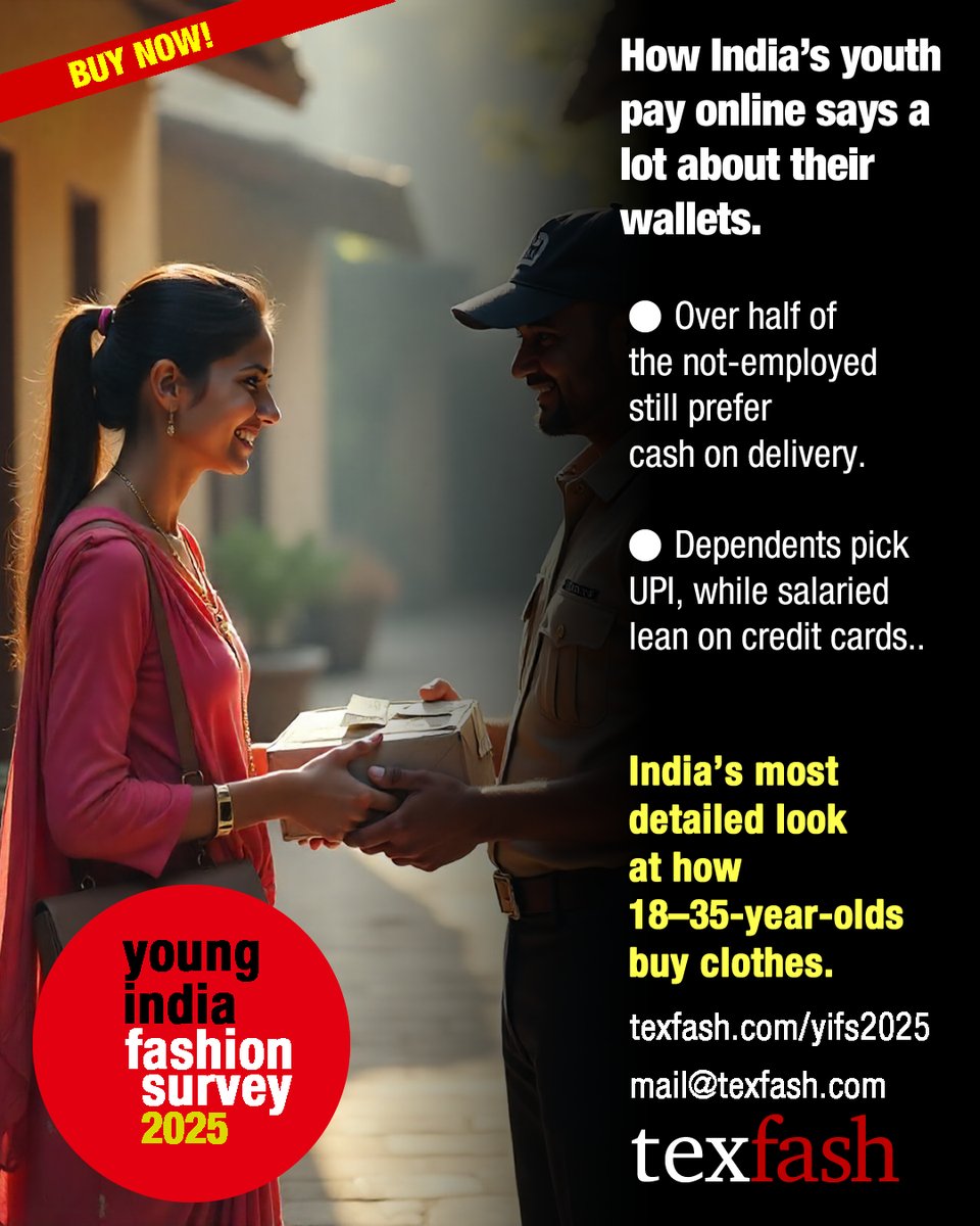 * How India’s youth pay online says a lot about their wallets.
* Over half of the not-employed still prefer cash on delivery.

#YoungIndiaFashionSurvey #Texfash #DigitalPayments #UPI #EcommerceIndia #RetailIndia #ShoppingHabits #ConsumerInsights #YouthTrends #FintechIndia