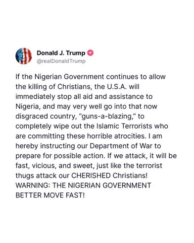 lechochretien's tweet photo. 🚨🇳🇬 ALERTE | Le président Donald Trump a MENACÉ d’intervenir au Nigeria "armes à la main" pour ÉRADIQUER COMPLÈTEMENT LES TERRORISTES ISLAMISTES RESPONSABLES DES MASSACRES DE CHRÉTIENS.

Le président américain envisage même une INTERVENTION MILITAIRE si le gouvernement nigérian "continue de permettre le massacre de chrétiens".

Des élus américains ESTIMENT que les chrétiens font face à un GÉNOCIDE ce que démentent les autorités nigérianes.