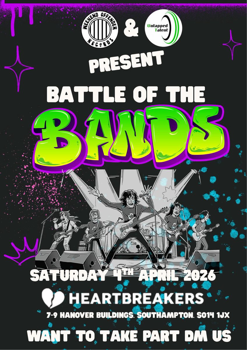 We are teaming up with Weekend Offender Records for an exciting, The Battle of the Bands Night! at the fantastic Heartbreakers venue on Easter weekend, Saturday 4th April 2026!
This is going to be a great event to be involved in so get in touch with us to join the short list