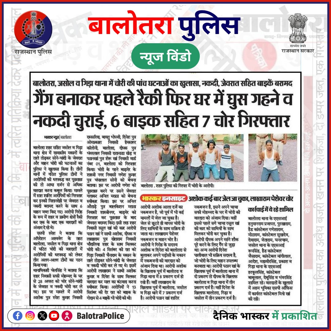 BalotraPolice's tweet photo. #NewsWindow: बालोतरा पुलिस की बड़ी कार्यवाही।

@Igp_Jodhpur
@PoliceRajasthan

#BalotraPoliceInNews #Balotra #DainikBhaskar #RajasthanPatrika #BalotraPolice #BalotraNews #BalotraCity #RajasthanPolice #VehicleTheft #Theft #OperationAshwaweg #Nakbajani #Chori #ThiefGang #चोरी #नकबजन https://t.co/96Fsd1tgrW