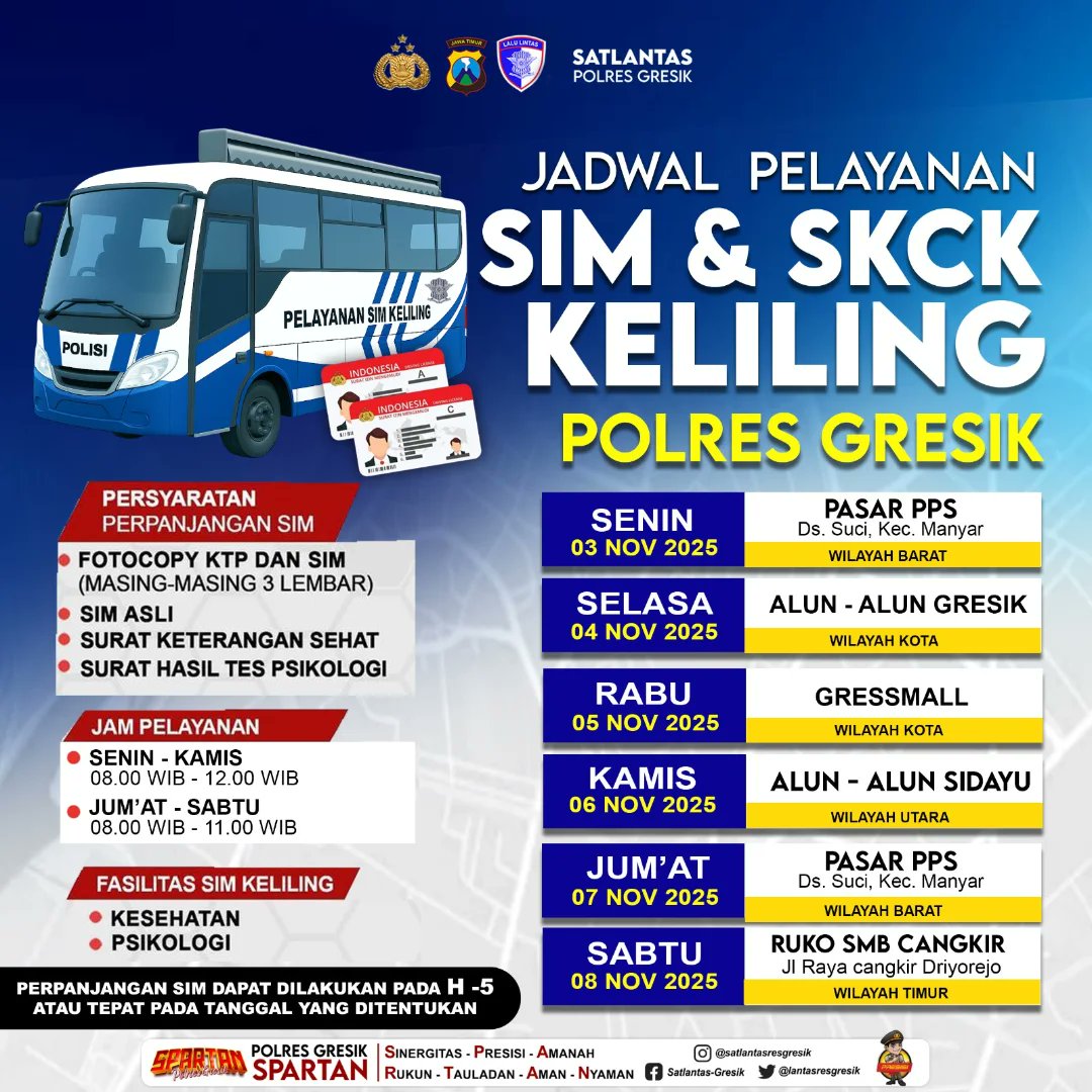 SekPangkahGrs's tweet image. Hallo Rekk!! 
Jadwal Sim Keliling untuk pekan ini (3 November - 8 November 2025) sudah keluar. 
Catat tanggal dan lokasinya, ya! Jangan sampai kelewatan, ya☺️

#simkelilinggresik #gresik #satlantaspolresgresik #polresgresik #spartan #polsekujungpangkah #mapolsekujungpangkah