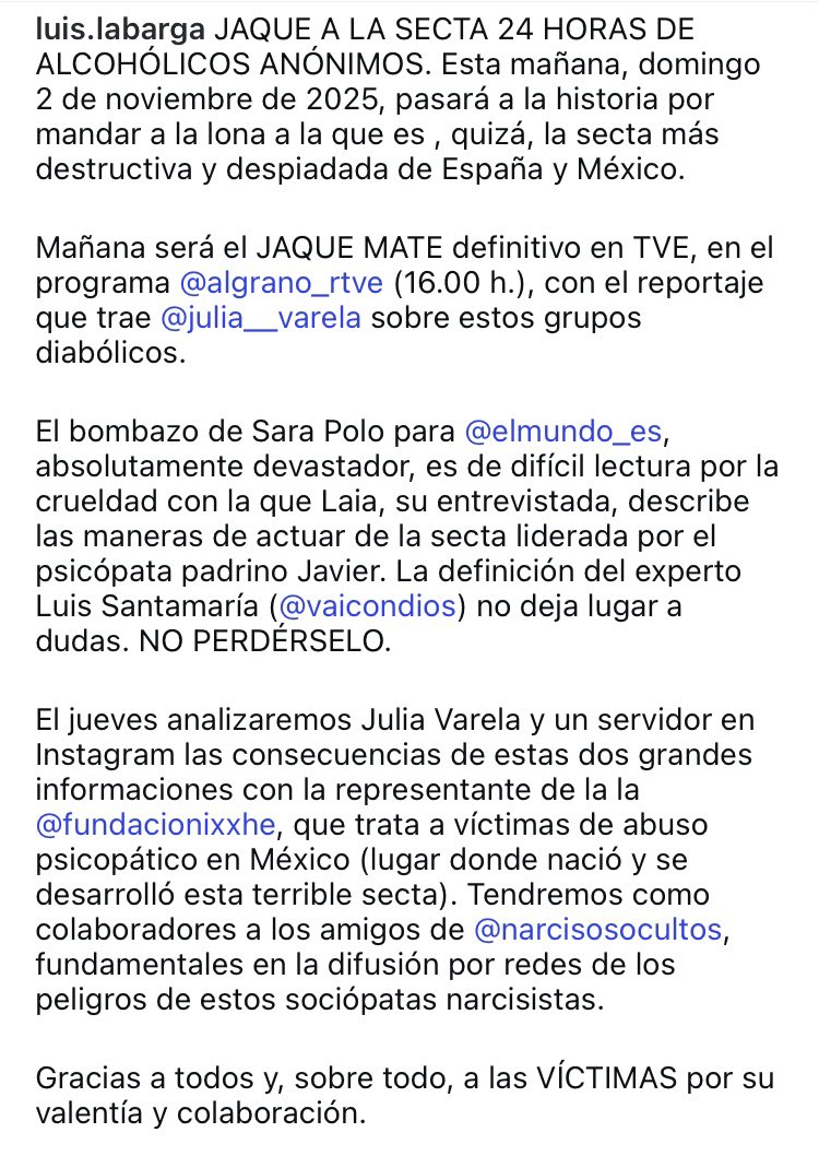 JAQUE A LA SECTA 24 HORAS DE ALCOHÓLICOS ANÓNIMOS. Brutal reportaje de <a href="/SaraPolo/">Sara Polo</a> en <a href="/elmundoes/">EL MUNDO</a> con sentencia del experto Luis Santamaría(<a href="/vaiconDios/">Luis Santamaría del Río 🐦</a>). Mañana, en <a href="/algrano_rtve/">directoalgrano.rtve</a> con <a href="/JuliaVarela__/">Julia Varela</a>, el golpe final. #secta #alcoholicosanonimos #reportaje #Mexico #terror #Periodismo
