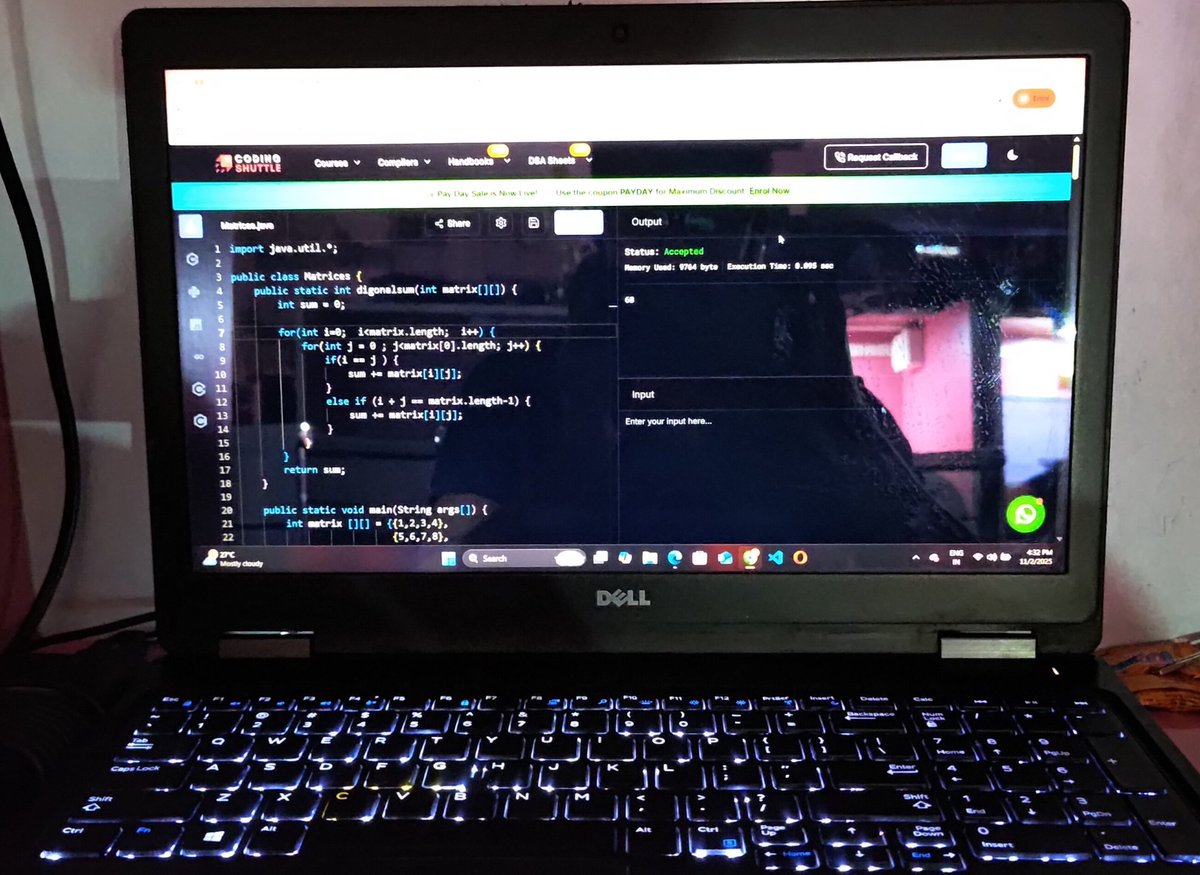 princeM89224623's tweet image. 🎯 Today’s #DSA concept: Diagonal Sum in matrices!
Primary diagonal ➡️ i == j
Secondary diagonal ➡️ i + j == n - 1
Quick logic, clean code, strong understanding of 2D arrays 💪

#100DaysOfCode #LearnDSA #CodingJourney #MatrixProblem #Java #Python #CPlusPlus