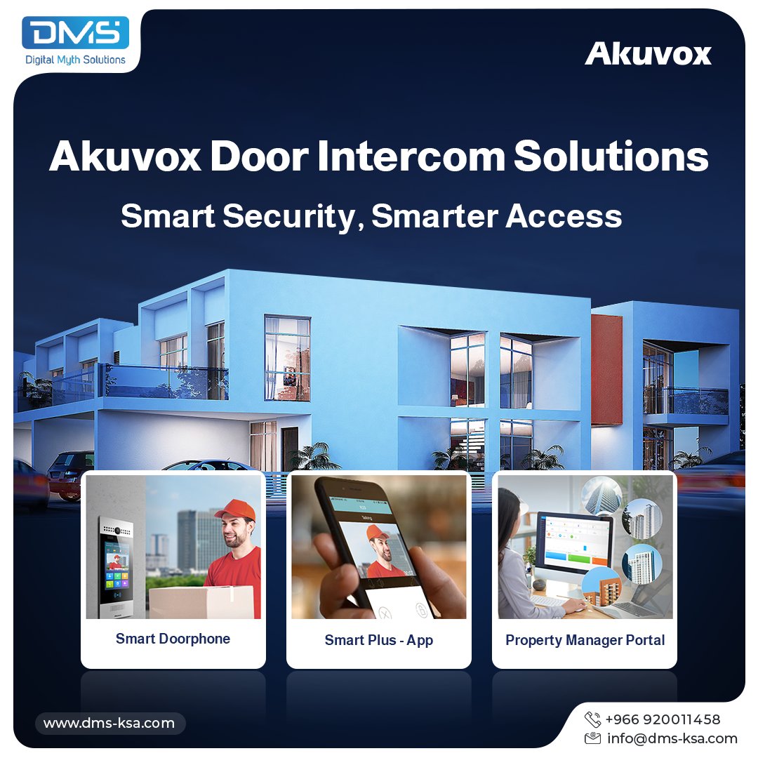 Smart Security, Smarter Access
Transform your property with Akuvox Door Intercoms advanced access control for towers, villas &amp; commercial spaces.
✅ Face/Fingerprint/Card/PIN
✅ Mobile app control
✅ Smart home integration
✅ Cloud management

+966 9200 11458 |  info@dms-ksa.com