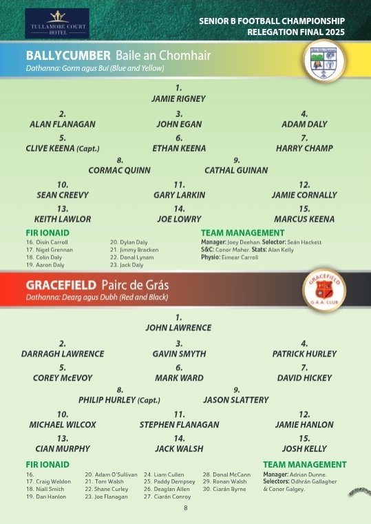 𝙏𝙪𝙡𝙡𝙖𝙢𝙤𝙧𝙚 𝘾𝙤𝙪𝙧𝙩 𝙃𝙤𝙩𝙚𝙡 𝙎𝙚𝙣𝙞𝙤𝙧 𝘽 𝙁𝙤𝙤𝙩𝙗𝙖𝙡𝙡 𝙍𝙚𝙡𝙚𝙜𝙖𝙩𝙞𝙤𝙣 𝙁𝙞𝙣𝙖𝙡 

▪️Sunday 2nd November▪️
Glenisk O'Connor Park 
Throw in 12.30pm

<a href="/Ballycumber_GAA/">Ballycumber GAA Club</a> v <a href="/Gracefield_GAA/">Gracefield GAA</a> 

𝐓𝐡𝐞 𝐓𝐞𝐚𝐦𝐬
