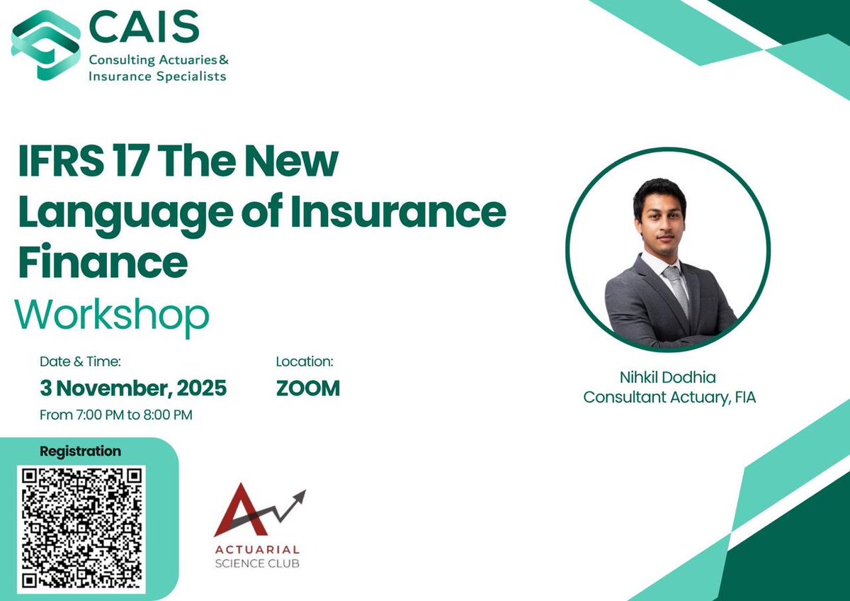 CAISKSA's tweet photo. IFRS 17 isn’t just for accountants — it’s where actuarial science meets finance!

Join our IFRS 17 Workshop with the Actuarial Science Club to discover how the standard transforms insurance reporting and actuarial practice.

📅 3 November 2025 | 📍 ZOOM

@kfupmASC 
@smayouf https://t.co/2CH7xi86dT