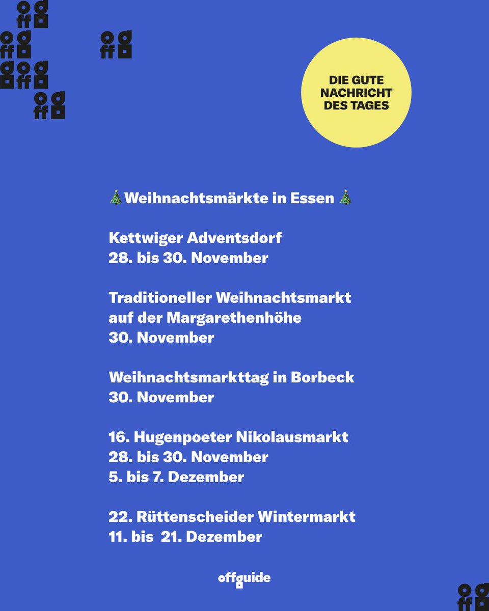 offguide's tweet image. Heute startet in Essen die Weihnachtsmarkt-Saison. Wir haben schon richtig Bock auf Glühwein, gebranntes Mandeln und Lichterzauber! Ihr auch?
#weihnachstmärkte #essencity #essenruhr #offguide