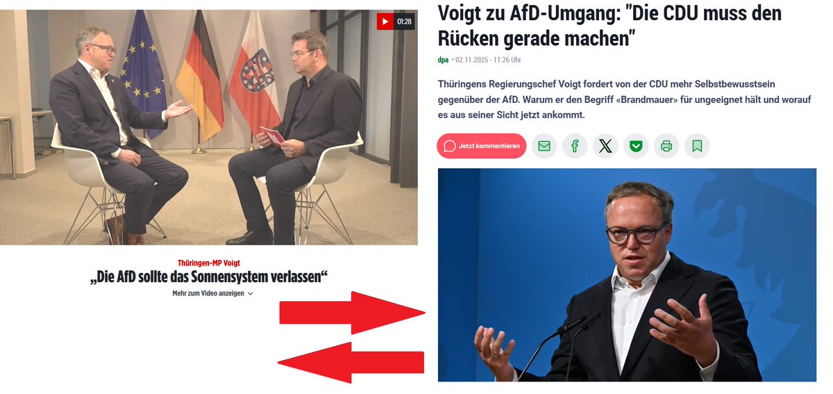Der Kurs der Voigt-CDU gleicht dem Merkelschen Mäandern. Erst so, dann wieder so. Und er ist ähnlich erfolgreich wie der Merz-Plan, die AfD zu halbieren. Eine Frage habe ich da aber: Was ist daraus geworden, uns inhaltlich stellen zu wollen?
(Screenshot BILD und insuedthueringen)