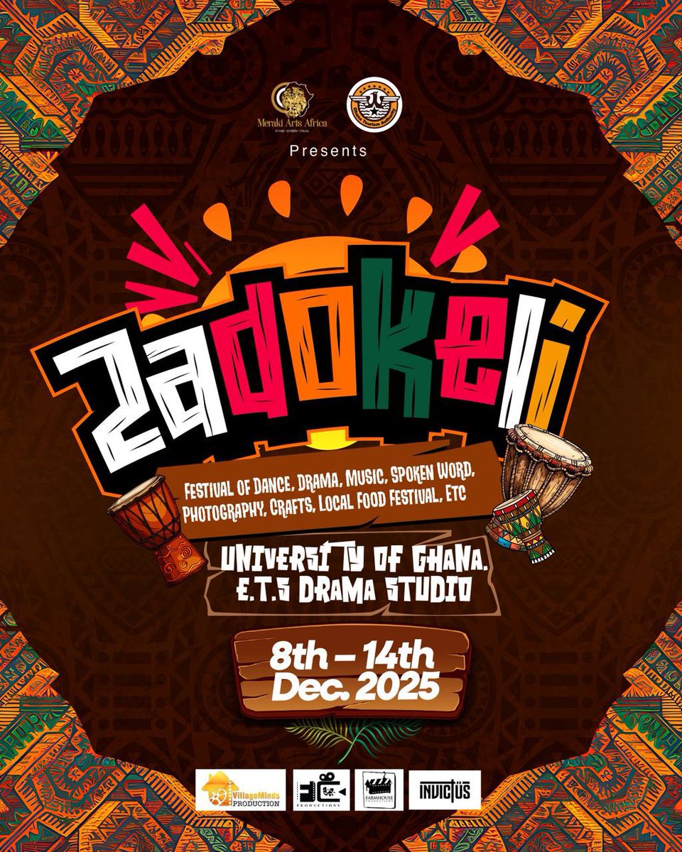 IT’S FINALLY HAPPENING! 🌑✨
Get ready for ZADOKELI — Ghana’s ultimate arts festival! 🎭🎶🎨
Visual art, dance, drama, music, film &amp; spoken word — GOOD VIBES ONLY!
📅 8–14 Dec | 📍 Efua T. Sutherland Drama Studio, UG
#Zadokeli #MerakiArtsAfrica #DettyDecember