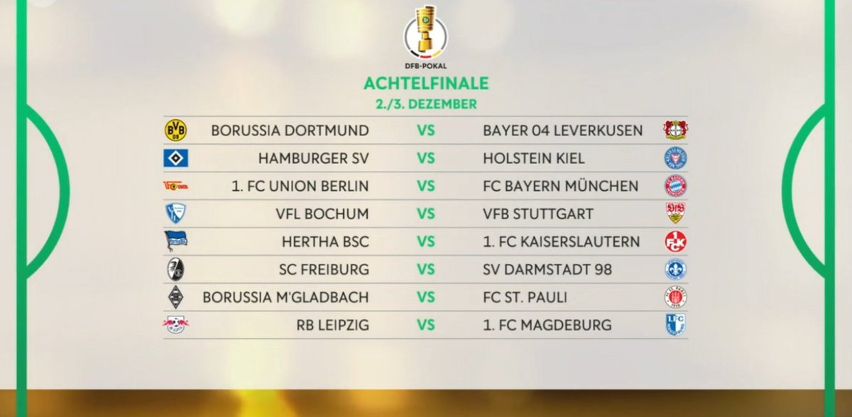 EILMELDUNG +++ Soeben wurden das DFB-Pokal 🏆 -Achtelfinale ausgelost. Ab dieser Runde wird dann auch wieder der so sehnsüchtig vermisste Video-Assistent zum Einsatz kommen. Ausgetragen werden die Spiele am 2. und 3. Dezember.