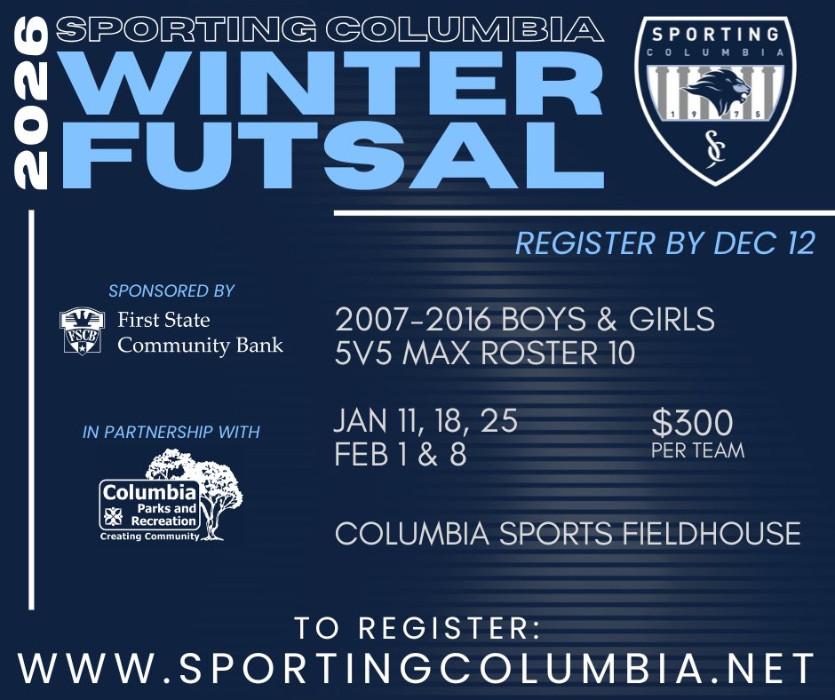 SportingCSC's tweet image. Don’t let the cold stop your game! ❄️⚽️
The Sporting Columbia Futsal League is the perfect way to stay active, improve your skills, and compete this winter.
Sign up today ➡️ sportingcolumbia.net