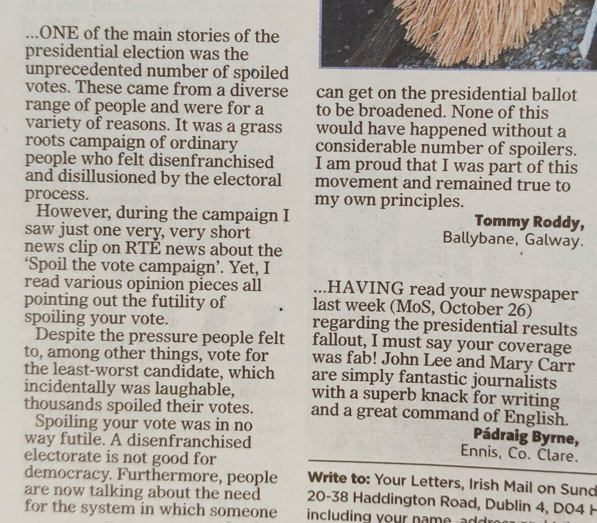 The Irish Mail on Sunday published my letter on why I spoiled my vote in the Presidential election.
#spoilthevote