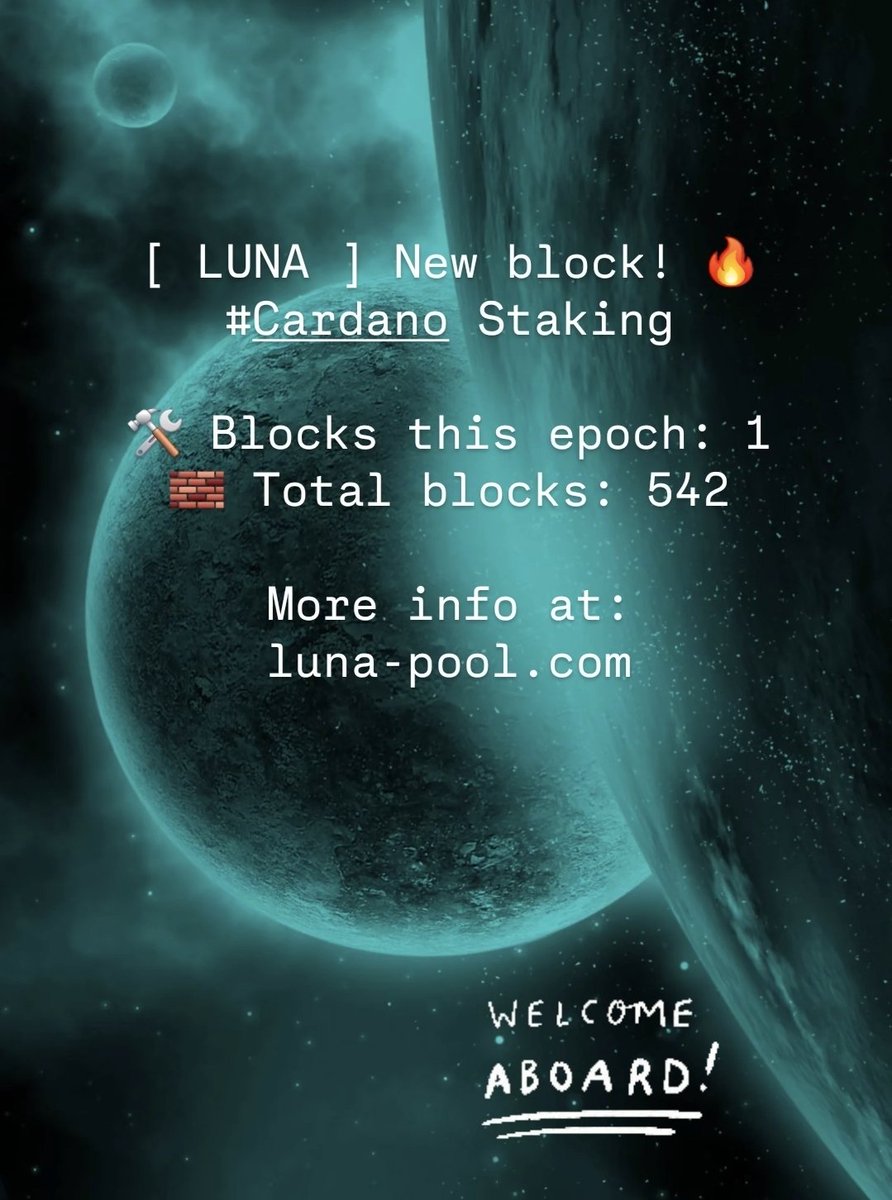 Looking for passive income?
Join Luna Staking and stake $ADA
 Welcome aboard!

More info:
luna-pool.com