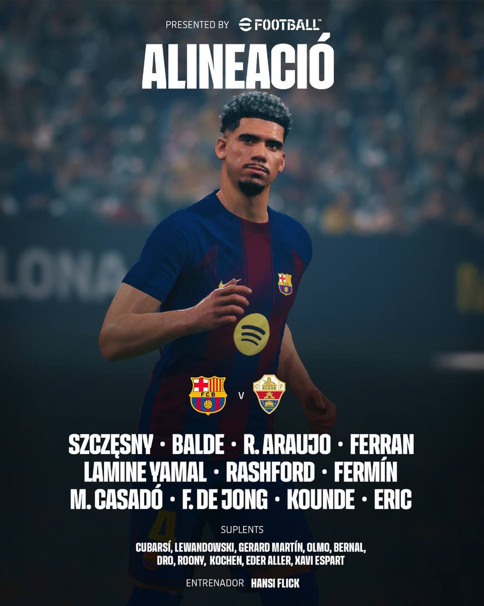 ❗️XI de Flick pel #BarçaElche amb Lewandowski i Olmo a la banqueta: 

🧤Szczesny
⚔️ Koundé, ARAUJO, Eric, Balde
🧠 CASADÓ, De Jong, Fermín
🎯 Lamine Yamal, Ferran, Rashford

<a href="/Laporteriabtv/">La Porteria</a> <a href="/btvesports/">btv esports</a> #FCBLive