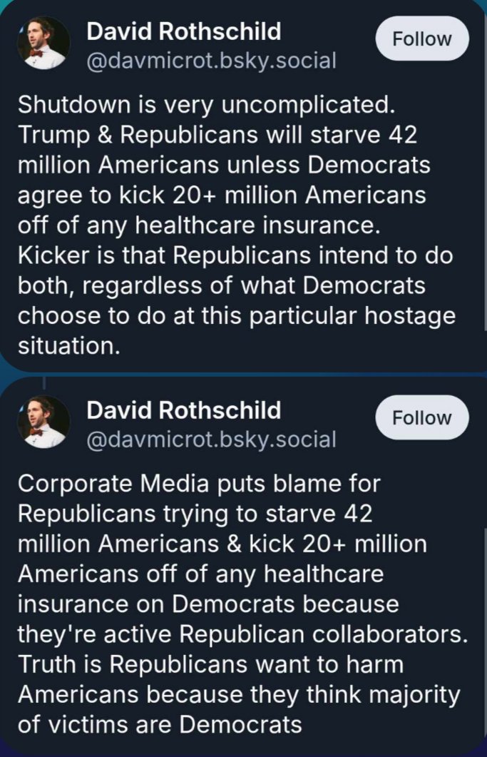 "How can Democrats be so heartless about not feeding the American people??" 

GOP Literally right before the shutdown: "So we're cutting 40 million from SNAP benefits and the department of education should not exist and free school lunch should be illegal"