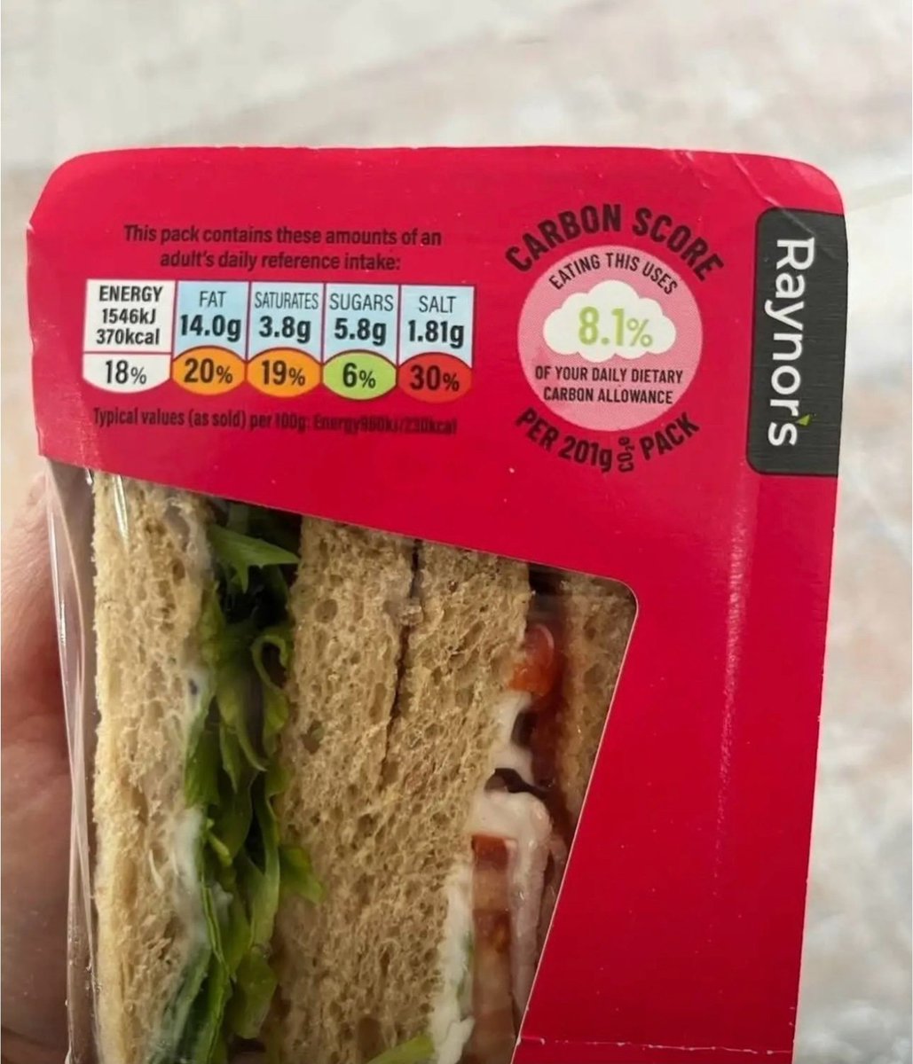 ShaneWenzel's tweet image. Meanwhile, in the UK. 

A carbon label on a sandwich seems harmless, even helpful. But as digital IDs and pointless carbon tracking expand, convenience can quietly turn into control. Technology isn’t the threat, but unchecked centralization is. We don’t need more monitoring…