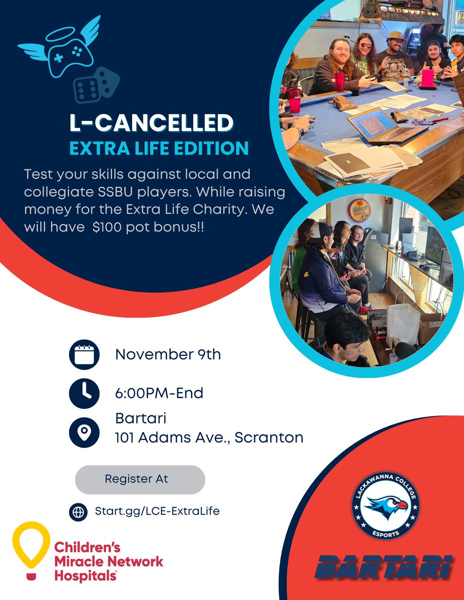 One week until our yearly <a href="/ExtraLife4Kids/">Extra Life</a>  event @ Bartari Scranton! We invite you to come down and experience an amazing event.  There will also be raffles to enter and you don't need to be in person to win.

Register for L-Cancelled Extra Life Edition: Start.gg/LCE-ExtraLife