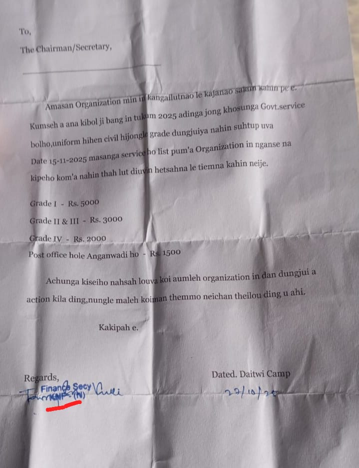 diana_warep's tweet image. #Manipur
KNF (P) #Kukimilitants under Suspension of Operation (SoO)
reportedly demanding in the name of contribution:
₹5,000 from Grade I
₹3,000 from Grade II &amp;amp; III
₹2,000 from Grade IV
₹1,500 from Post Office &amp;amp; Anganwadi workers.

From top officials to grassroots workers- no…
