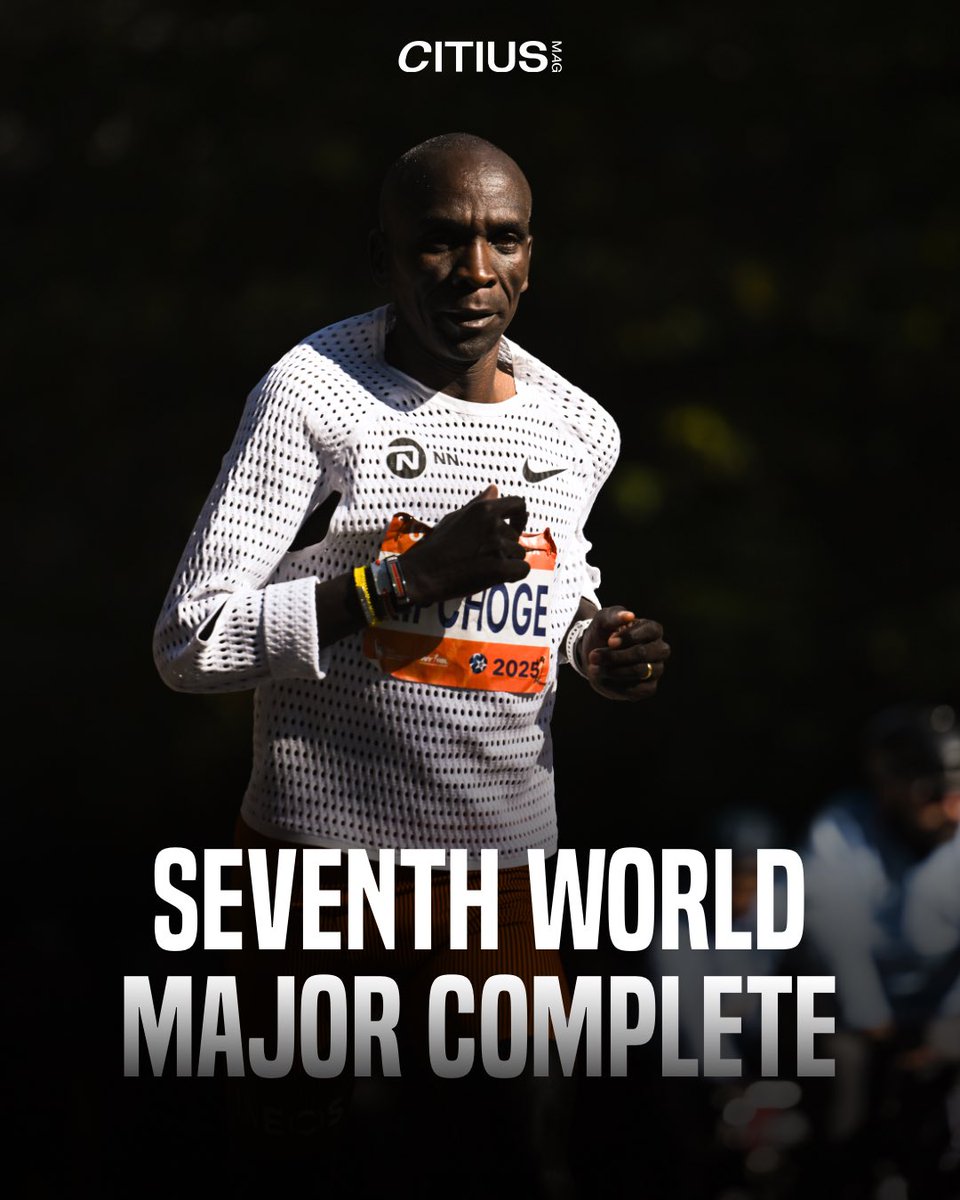 The GOAT crosses off another career milestone ✅

Eliud Kipchoge finishes 17th in the 2025 NYC Marathon in 2:14:36, completing the World Marathon Major circuit with first-time finishes in both Sydney and New York this fall.

Kipchoge, who won four of the seven majors, turns 41