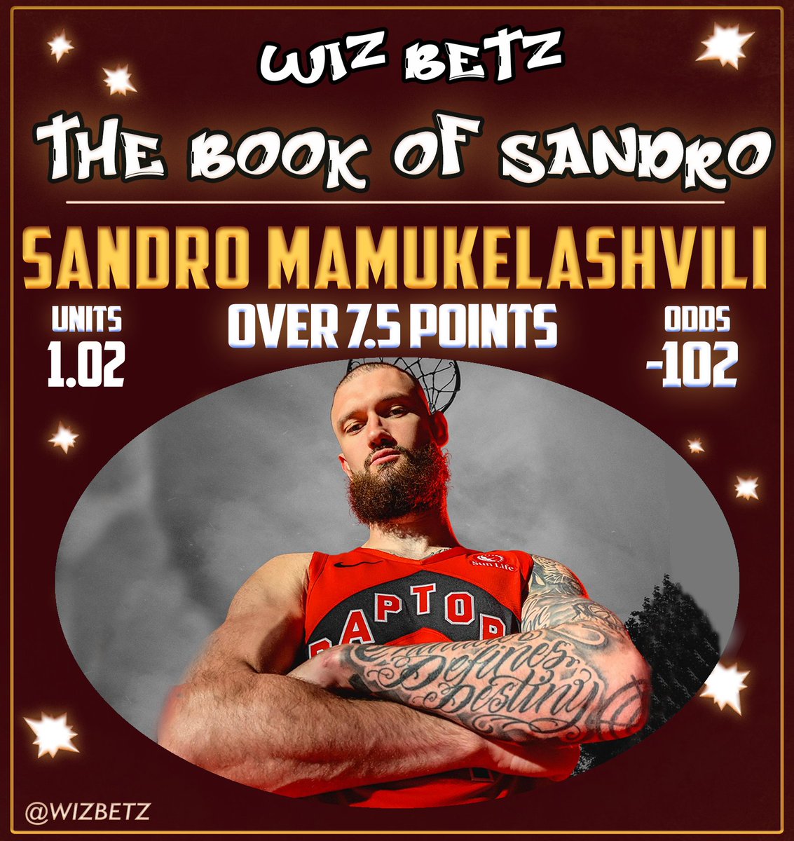 WizBetz's tweet photo. The Book of Sandro⛪️

Sandro Mamukelashvili over 7.5 PTS
(-102 DK | 1.02 units)

Revival 5:3

-And lo, the journey of Sandro in the frozen lands of Canada hath been prosperous. For he hath found favor in the sight of the Raptors and hath carved for himself a steadfast place among them. Surely, his portion shall yet increase, and his labors shall be multiplied in the days to come.

-I came to pass, when Jakob Poeltl was yet absent from among the Raptors, that the portion of Sandro was increased. For in three of the last four contests hath he scored ten or more points, showing himself steadfast and sure in the ways of scoring for Toronto.

-Though Collin Murray-Boyles hath begun in the starting place, it would not be a marvel if Sandro were chosen this day; for Collin hath labored and found little success. Behold, against the Cavaliers, Sandro was as a light unto the team, with a measure of +13, while Collin bore a measure of -16.

-Yet even if Sandro cometh not forth to start, the battle against the Grizzlies shall be a fair one. For Ja Morant hath been cast aside for one contest, and the Grizzlies giveth up the fifth most shots from beyond the arc — the very place where Sandro hath long made his dwelling.

-In the paint shall Sandro contend oft with Santi Aldama, whose defense is weak and wanting. Therefore, watch ye closely; for verily I say unto thee, Sandro may gather eight or more points before the first half hath ended.