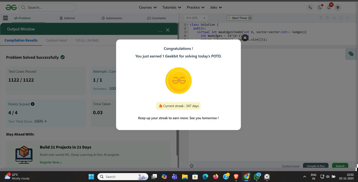 DRana866593's tweet image. Day 346
Problem of the Day(POTD) 02/11/2025     
     
Max DAG Edges

#geeksforgeeks 
#gfg160 
#geekstreak2025
#womenintech