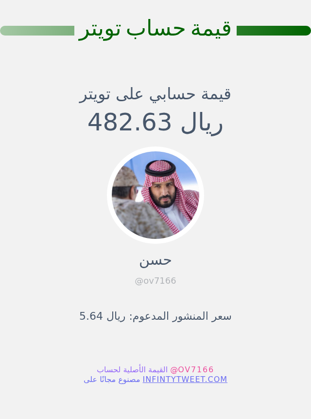 ov7166's tweet photo. قيمة حسابي على تويتر هي: ٤٨٢٫٦٣ ريال 

⬅️ https://t.co/D1OXefmN4l https://t.co/u9qTjGzKZB
