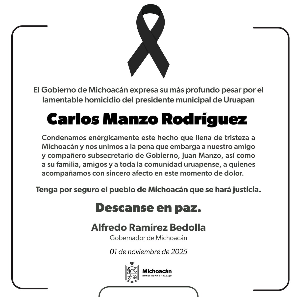 ARBedolla's tweet image. Nos unimos a la pena que embarga a nuestro amigo y compañero subsecretario de Gobierno, Juan Manzo, así como a su familia y amigos.