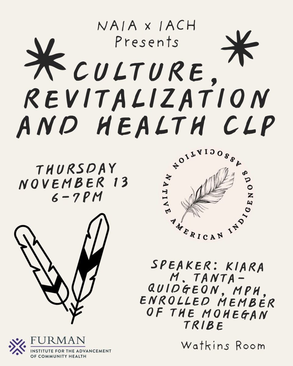 UpstateInt_SC's tweet image. Cultural Revitalization and Health CLP - Furman University
Thursday, November 13, 6:00 - 7:00 pm
Watkins Room - Trone Student Center - Public invited