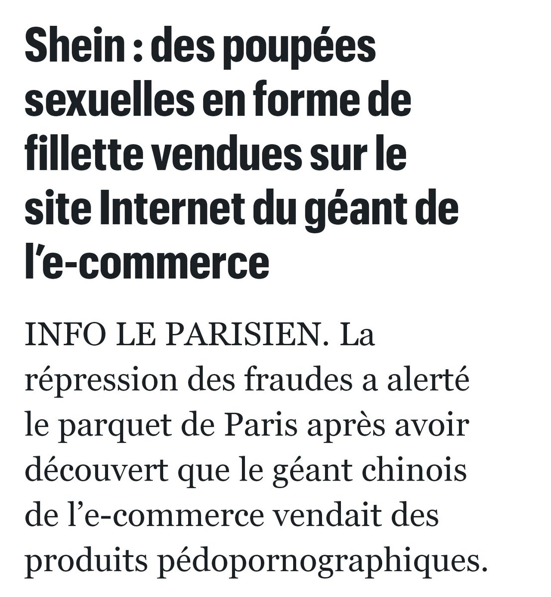 Lorsque l’argent est la seule boussole, il n’y a plus de limites ! <a href="/FMerlin_SGM/">Frédéric Merlin</a>, en faisant entrer Shein au BHV, blanchit une plate-forme qui vend des poupées sexuelles aux pédocriminels.

Cette affiche doit être retirée et ce partenariat cassé.

Interdisons Shein en Europe.