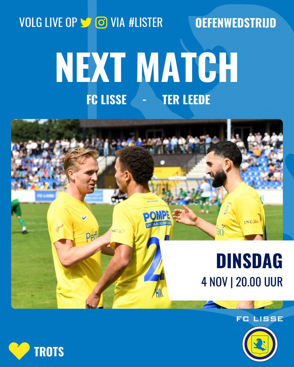 ⚽️ OEFENWEDSTRIJD | Dinsdagavond 4 november speelt de A-selectie een oefenwedstrijd tegen streekgenoot <a href="/Ter_Leede/">VV Ter Leede</a> Aftrap 20.00 uur. Entree gratis. We zien jullie daar! 🟡⚽️🔵 #fclisse #oefenwedstrijd #LISter