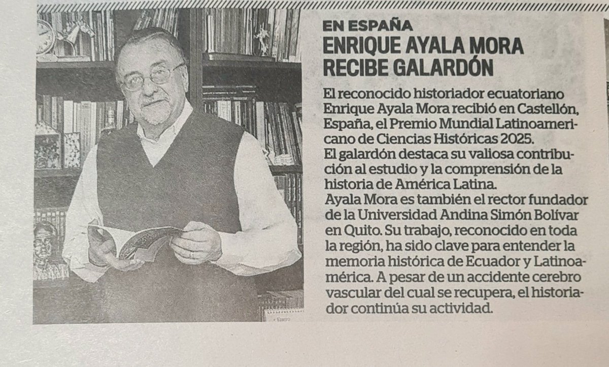 Villacreses977G's tweet photo. Saludamos el merecido premio mundial en historia otorgado al maestro del #Ecuador,  #EnriqueAyalaMora . El mejor  homenaje en vida es fortalecer  su legado legado radicalmente democrático , humanista  por las grandes transformaciones sociales 
#VamosJuntos _Por un Ecuador libre https://t.co/M7bq6qlPH3