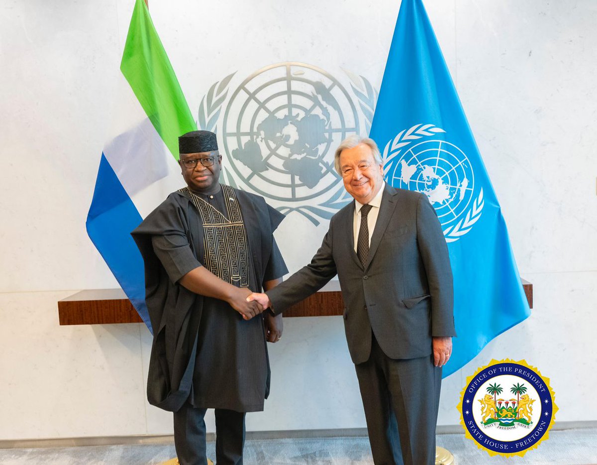 StateHousMedia's tweet photo. United Nations Secretary-General @antonioguterres Congratulates President @julius_maadabio on Sierra Leone’s November Presidency of the Security Council.

@UN https://t.co/WYzbTBvqCk