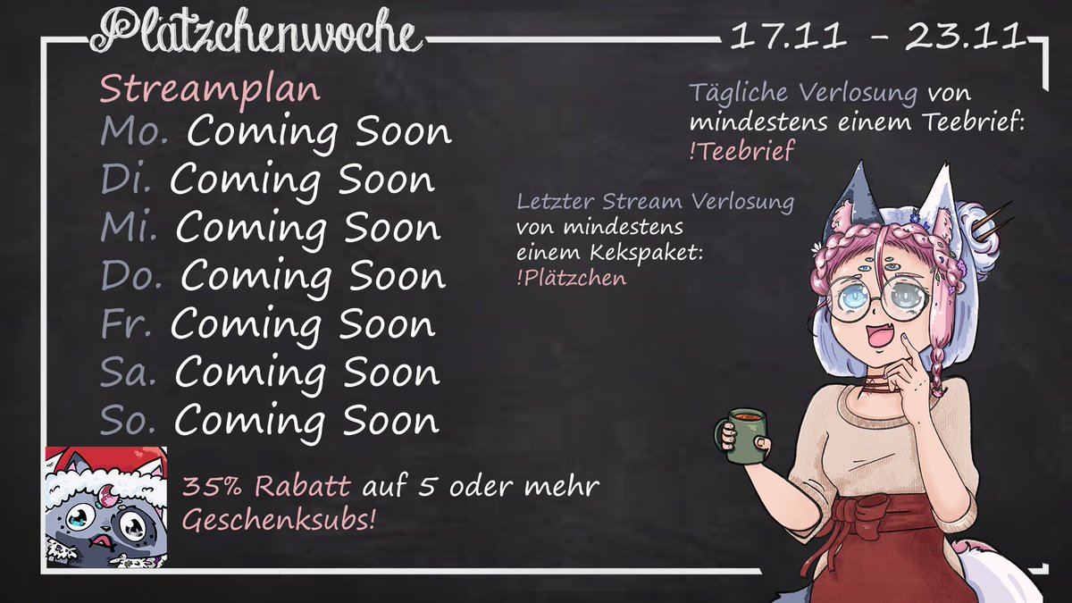 Es ist nun so weit!
Der #Plätzchen-#SubGoal-November ist am Start!

Und Ihr könnt sowohl Kekse, Sticker als auch Postkarten gewinnen!

Ich werde mindestens ein Kekspaket und 2 Teebriefe unter allen, die diesen Post liken, 
retweeten &amp; einen Kommentar hinterlassen, verlosen.