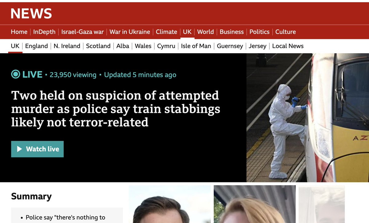 I'm genuinely bewildered as to what would motivate two men to board a train and attempt to maim or kill a dozen people with knives, other than to cause 'terror'. 
This wasn't a robbery gone wrong. Nor a mental health case, since they were a pair. Police need to clarify urgently.