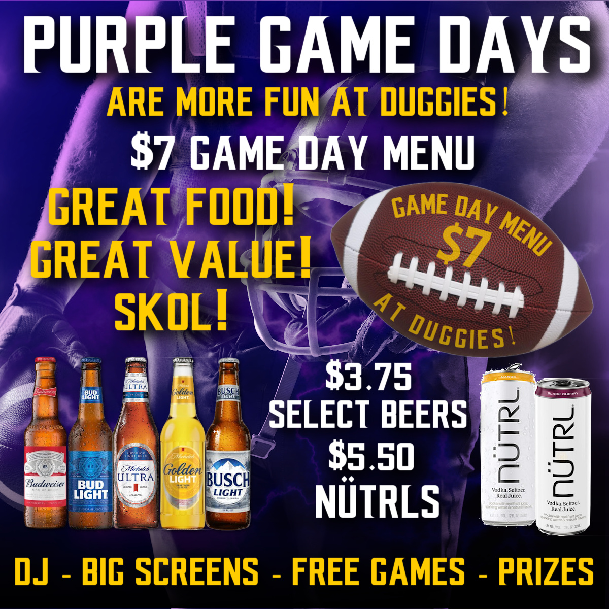 It's a PURPLE GAME DAY at Duggies! 🏈
We'll have a DJ and the game on the BIG SCREENS with SOUND!
Free numbers game, trivia, great prizes, drink specials and a $7 Game Day menu!
Let's #SKOL!