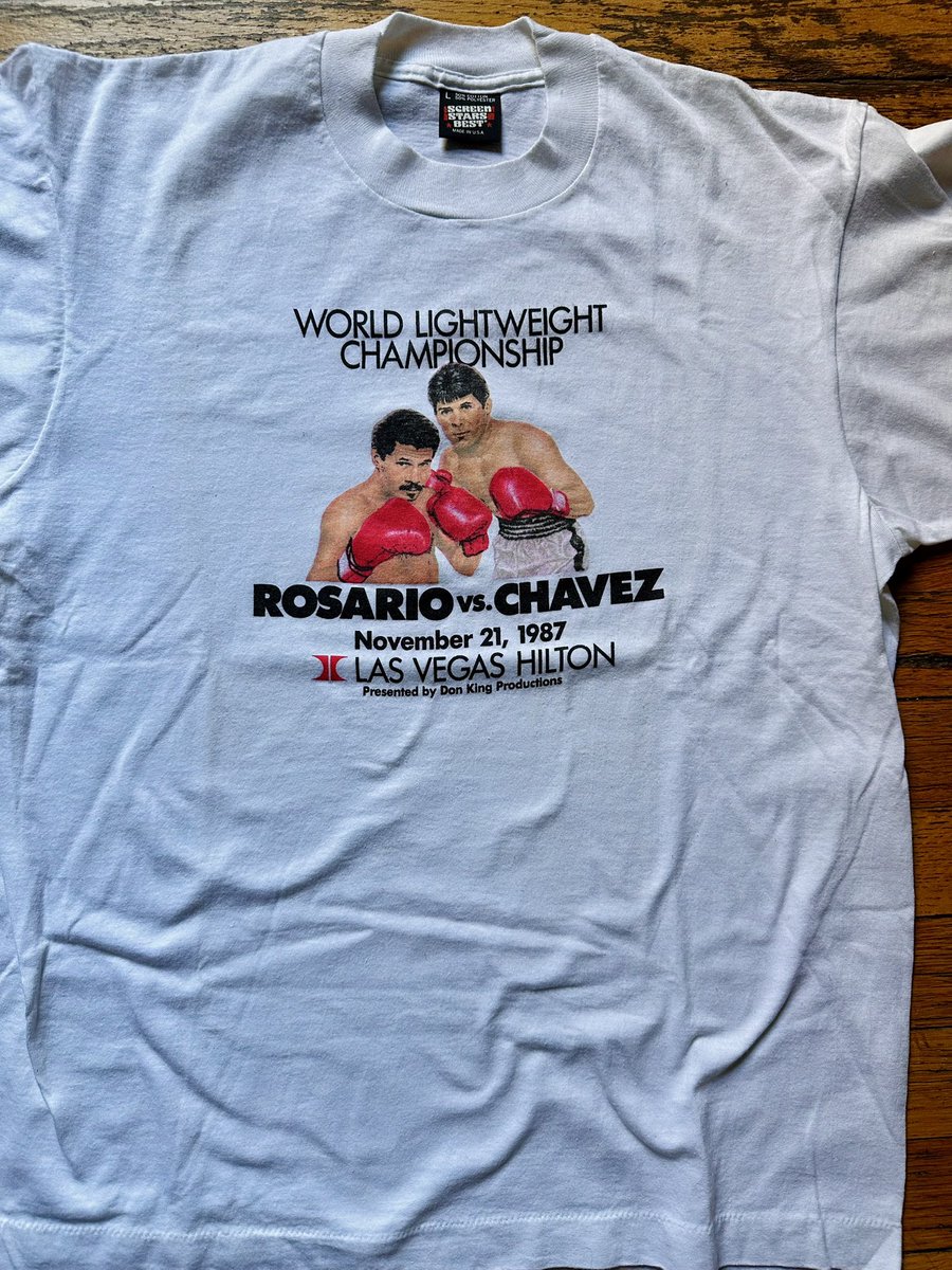 Just scored this deadstock shirt from the night Julio Cesar Chavez absolutely ravaged Edwin Rosario in 11 rounds to win the WBA Lightweight title. 
Chavez’s best performance of his career and IMO any lightweight in history would have been hard pressed to beat him that night