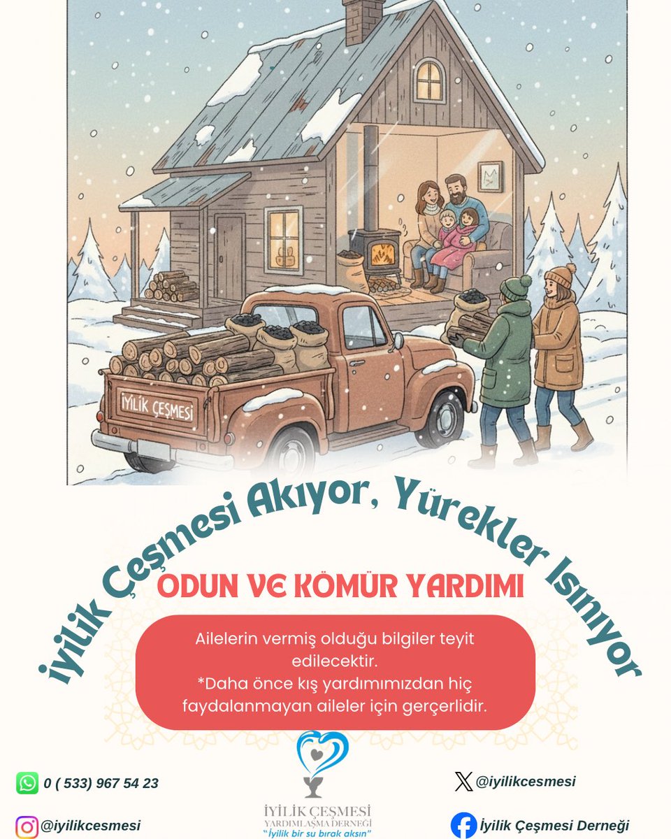 İyilik Çeşmesi Akıyor, Yürekler Isınıyor 
Bu kış da ihtiyaç sahibi ailelerimizin yanında olmaya devam ediyoruz.
Odun ve kömür yardımlarımızla her eve bir sıcaklık, her kalbe bir umut taşıyoruz.

#İyilikÇeşmesiDerneği #İyilikÇeşmesiAkıyor #YüreklerIsınıyor #KışYardımı #Elazığ