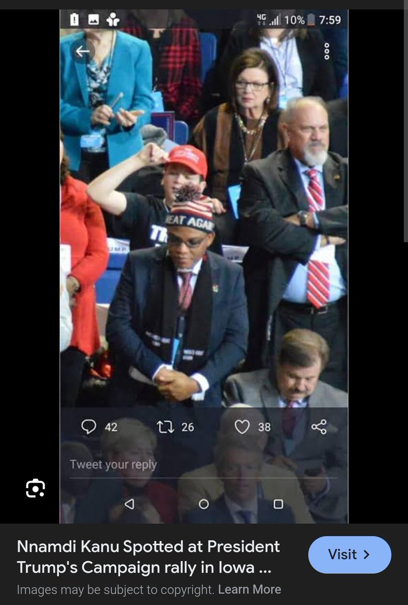 Okwydes's tweet photo. @realDonaldTrump Dear President Trump, this man (Nnamdi Kanu) pictured here in your January 2020 MAGA Rally in Iowa has was kidnapped and has been locked up in captivity by Nigeria terrorist government since June 2021 https://t.co/ciXGAlve7Y