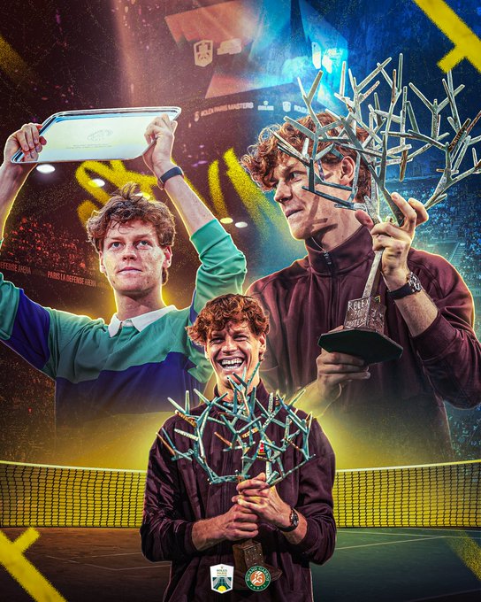 Three images of Jannik Sinner in athletic wear holding a tennis trophy shaped like a metallic structure on a tennis court with yellow lines and net in the background arena setting with glowing lights and crowd elements.