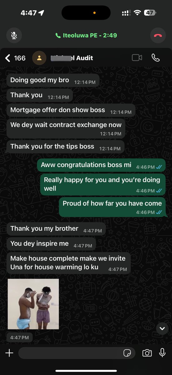 A mentee I was guiding early last year (he landed a SOLID role in IT Audit), just sent me these messages. Moments like this remind me why I mentor, seeing others grow, find stability &amp; build their dreams is deeply fulfilling💪🏾. 

Ko ni su mi, ko ni remi in Jesus name 🙏