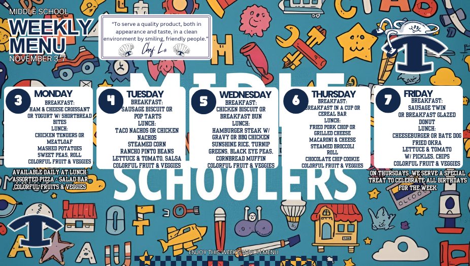 NEMiddle's tweet image. 🍳🥪 Breakfast &amp;amp; Lunch Menus for November 3–7 🍎🍔
Check out what’s being served this week in our cafeterias!
#4theT
