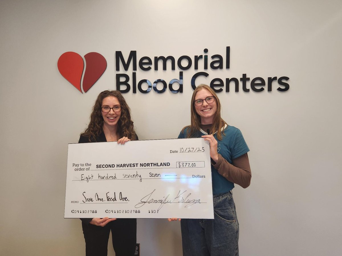 Memorial Blood Centers was proud to present a check to #SecondHarvestNorthland following the success of our #SaveOneFeedOne campaign. For every person who came in to donate blood, we donated $1 to support SHN’s mission to fight hunger in our community.
