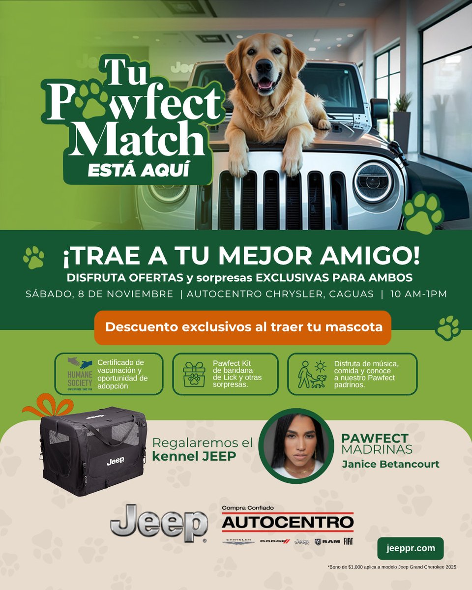 jeeppr's tweet image. ¡Acompáñanos este próximo sábado 8 de noviembre en el #PawfectMatch Event! 🐾 En el dealer de Autocentro Chrysler Dodge Jeep.

Trae a tu mejor amigo y disfruta de descuentos exclusivos, regalos y rifas para ti y tu 🐶. No te lo pierdas 👀 Te esperamos.

📍Autocentro, Caguas