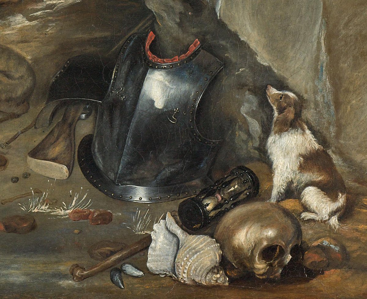 Fijaos en esta Vanitas con perro. Por sí misma sería una magnífica obra de arte, pero es tan solo un detalle de una pintura más grande, que además es también un homenaje a un héroe difunto y una maravillosa demostración de amor filial. 
Vamos a conocerla mejor en este HILO…⤵️