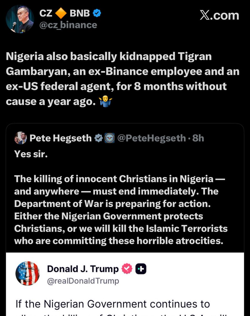 Timicoding's tweet image. The funny thing you have to understand is that @cz_binance is siding with the current US administration not with America as whole, remember Trump gave him a pardon just days ago, he was jail during the Biden administration. So he literally siding with Trump administration on