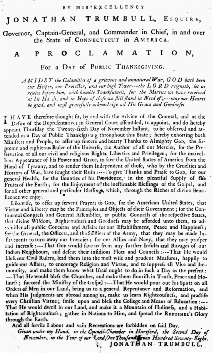 2 November 1778: pray that GOD “would pour out his Spirit on all Orders of Men in our Land, bring us to a general Repentance and Reformation, and when His Judgments are abroad among us, make us learn Righteousness, and practise every Christian Virtue.…” Connecticut PROCLAMATION.